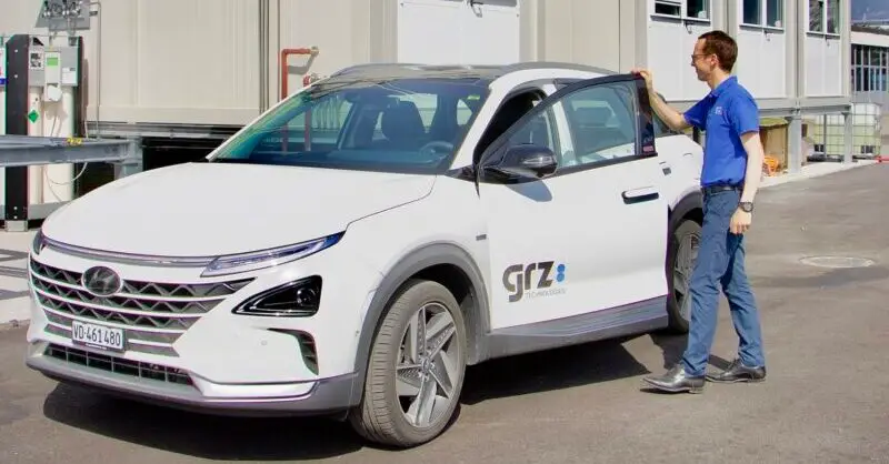 The Hyundai Nexo fuel cell electric vehicle is powered by a hydrogen engine.